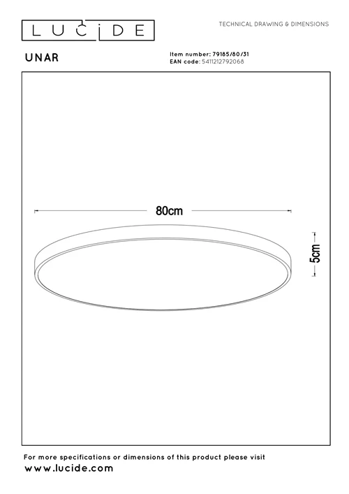 Lucide UNAR - Flush ceiling light - Ø 80 cm- LED 3 StepDim - 1x80W 2700K - White - technical